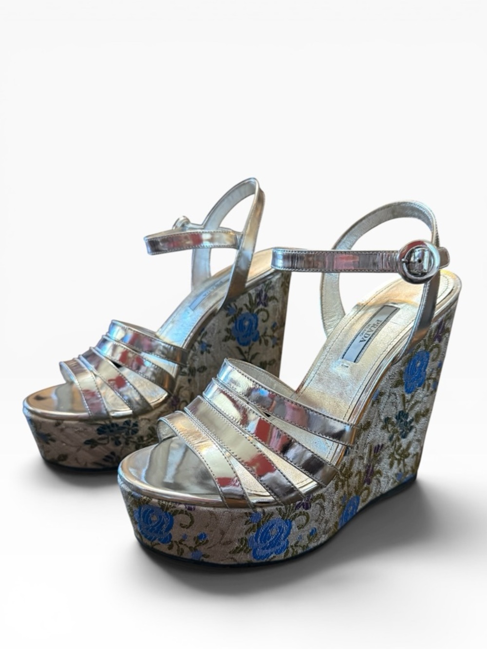 Prada Silver Metallic Jacquard Wedge Sandals Floral Platform Ankle Strap EU 38